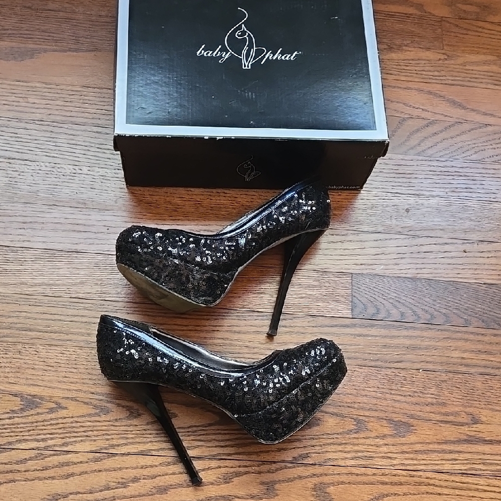 Vintage Y2K 90s Baby Phat Black Sequin Platform 5 inch Heels